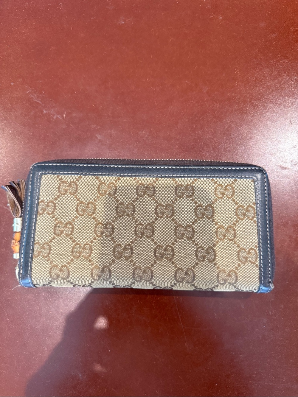 Gucci Brown and Beige GG Supreme Zip Wallet with Tassel